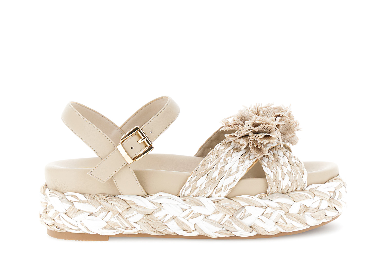 sandalias de cuna cruzadas con banda de rafia y flores taupe 39