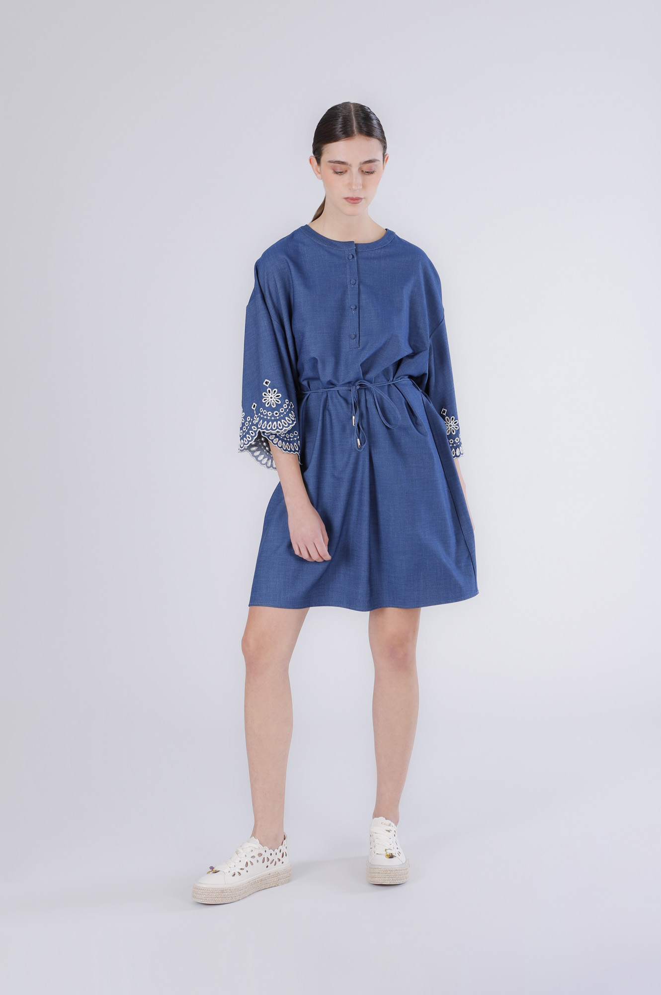 vestido vaquero de tencel con bordado en las mangas medium blue m