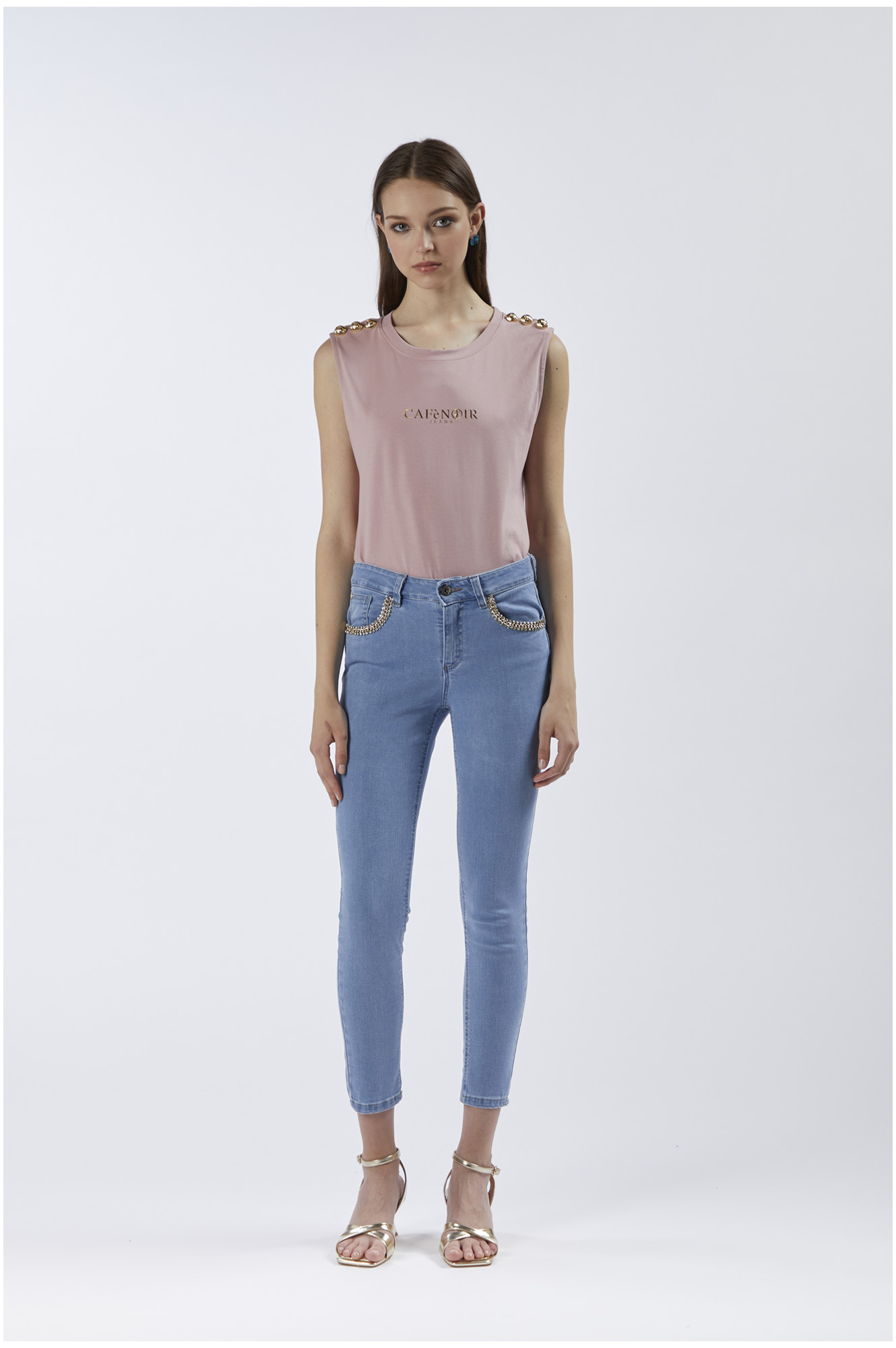 vaqueros denim skinny con aplicacion de cadena joya sky 34