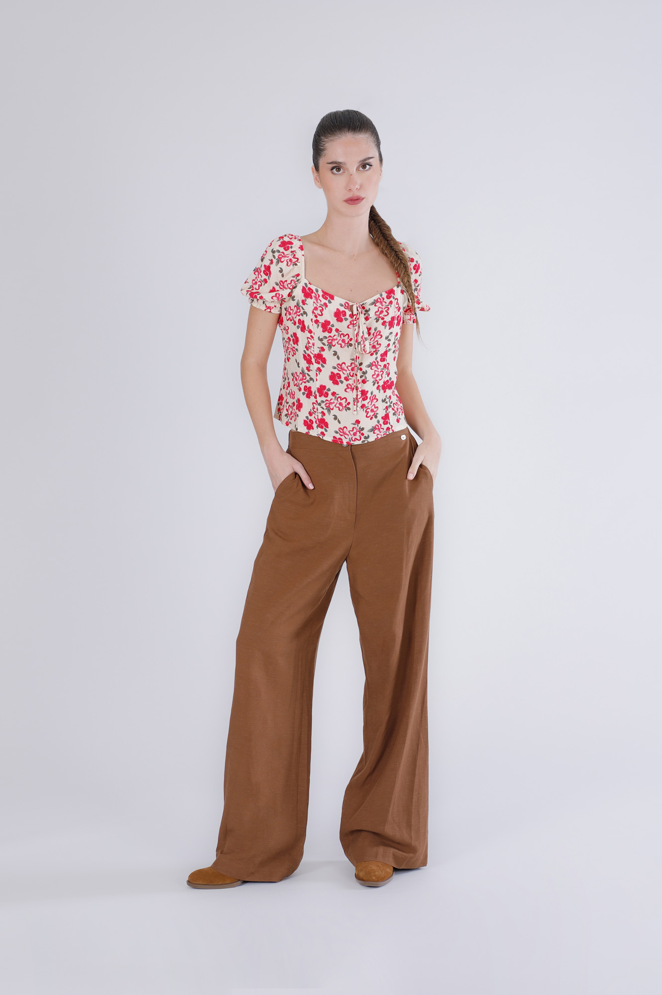 pantalones palazzo en lino mixto tobacco 46