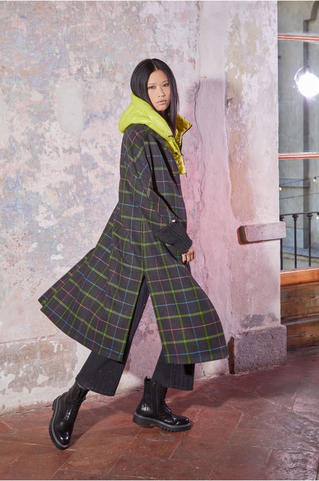 abrigo largo de cuadros en tejido con mezcla de lana CafèNoir