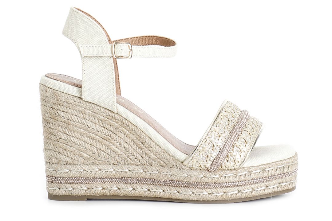 sandalias gilda de rafia y tela con cuña de esparto light gold